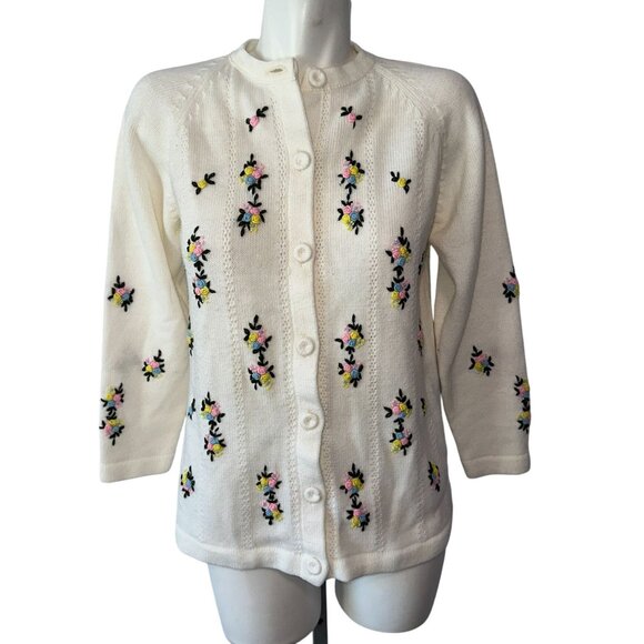 Vtg 60s Cardigan Sweater White Floral Embroidery 100% Acrylic Preppy Winter S/M - Picture 1 of 5